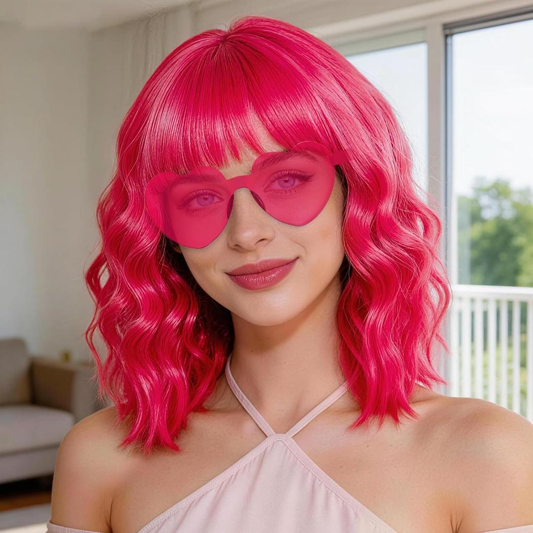 Hot Pink Wavy Curly Bob Wig with Bangs Heart Glasses for Women, 14 Inch Colored Neon Fun Party Hair Replacement Curly Synthetic Wigs for Cosplay Halloween Costume Bachelor Party Music Festival