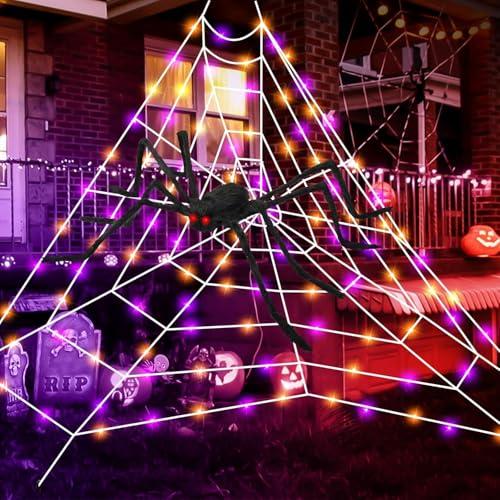 Halloween Giant Spider Web Lights, Spider Web Decoration with 50" Plush Spider & Stretch Cobweb, Powered by Adapter Plug, Remote Control 8 Lighting Modes, Perfect for Scary Halloween Yard Decorations