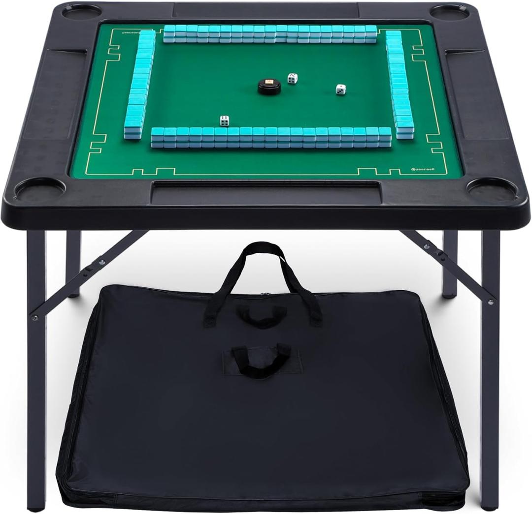 Queensell 35" Folding Game Table, Domino Table, Mahjong Table with Heavy-Duty Legs - 35 x 35 x 27 Inches with Storage Bag Double Sided Mat, 34 x 34 x 27 inches