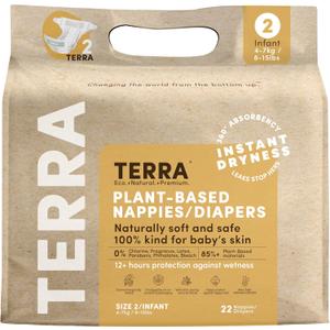 Terra Diapers Size 2: 85% Plant-Based Diapers, Ultra-Soft & Chemical-Free for Sensitive Skin, Superior Absorbency for Day or Nighttime Diapers, Designed for Babies 8-15 Pounds, 22 Count