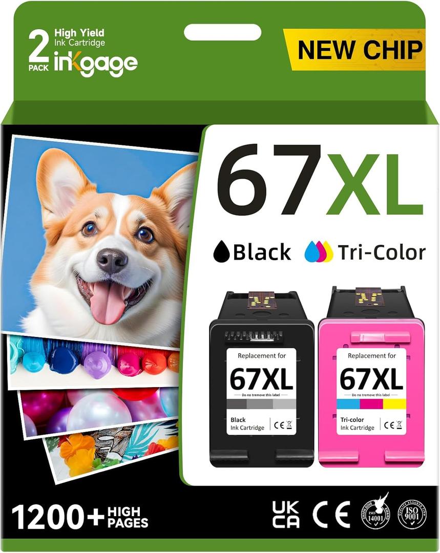 67XL Ink Cartridges Black/Color Combo Pack Compatible for HP Ink 67 67XL Printer Ink 67 Fit for DeskJet 2700e 2700 2855e 2800 2827e 2755e 2755 4155e 4255e for Envy 6000 6055e 6455e Printer