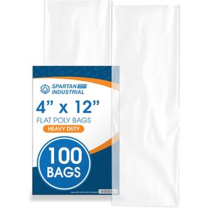 4" X 12" Open-End Flat Poly Bags (100 Count) - 2 Mil Clear Small Plastic Bags for Packaging, Shipping, Storage - No Adhesive Strip - Spartan Industrial