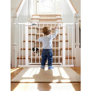 Babelio Metal Baby Gate, 29-43" Auto Close Easy Install Pet Gate PressGuard P7, Extra Wide Walk Thru Child Safety Gate, 30" Tall Pressure Mounted Dog Gate for Doorways & Stairs, White