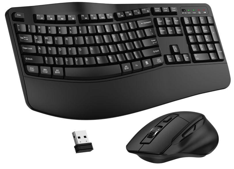 Wireless Keyboard and Mouse Combo, 2.4G Full Size Wave Keys Ergonomic Keyboard with Wrist Rest and 3Level DPI Adjustable Wireless Ergonomic Mouse for Windows, Mac OS Desktop/Laptop/PC(Black)