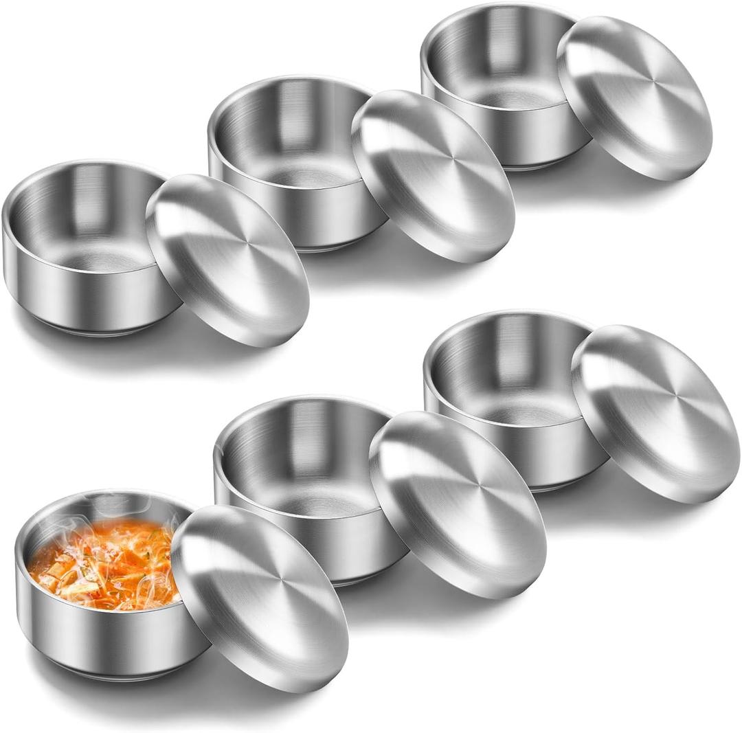 Reallnaive 6 Sets 12 oz Stainless Steel Korean Soup Rice Bowl with Lid for Cereal Kitchen Restaurant Double-walled Anti Scalding Metal Bowls for Soup Salad Noodles Insulated (Sliver)