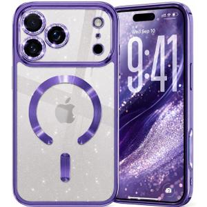 Glitter for iPhone 17 Pro Max Case with Eyecatching Integrated Lens Protection, [Sparkly Bling Back Panel] [Seamless Work with Magsafe] Cute Women Girly Magnetic Case for iPhone 17 Pro Max Purple