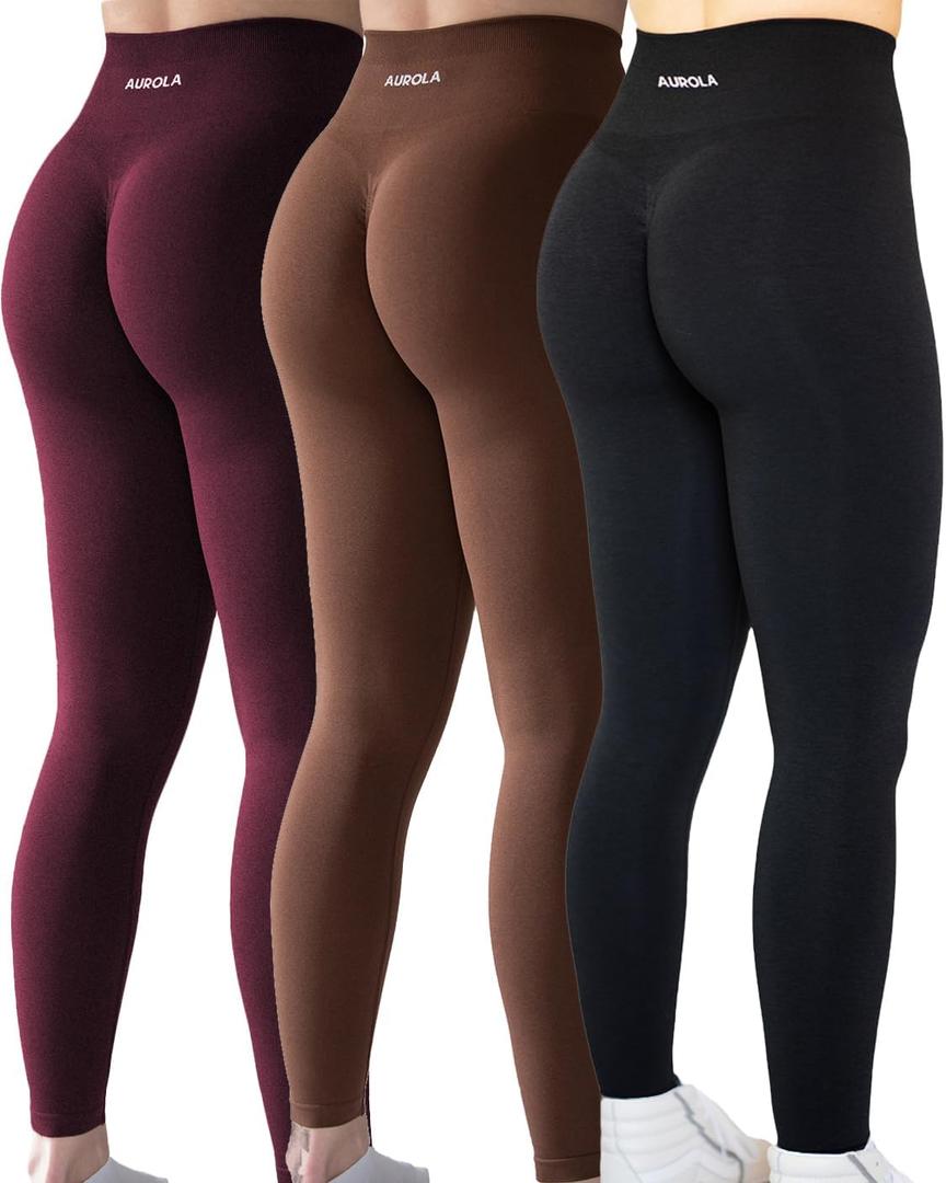 AUROLA Workout Leggings for Women Seamless Scrunch Tights Tummy Control Gym Fitness Girl Sport Active Yoga Pants (Large, Pack(black/Black Cherry/Dandelion Brown))