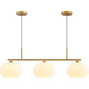 KCO Lighting 3 Light Linear Pendant Lighting Milk Glass Flush Mount Ceiling Light Brass Gold Chandelier Light Fixture Modern Globe Linear Chandelier Dining Room Dining Room Over Table