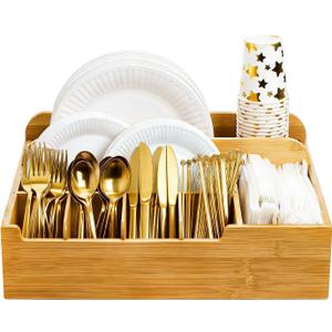 Frcctre Bamboo Utensil Caddy Organizer, 8 Compartments Large Paper Plate Holder, Adjustable Utensil Holder Silverware Cutlery Organizer for Plate Cup Fork Spoon Napkin, 16" L x 13" W x 5.5" H