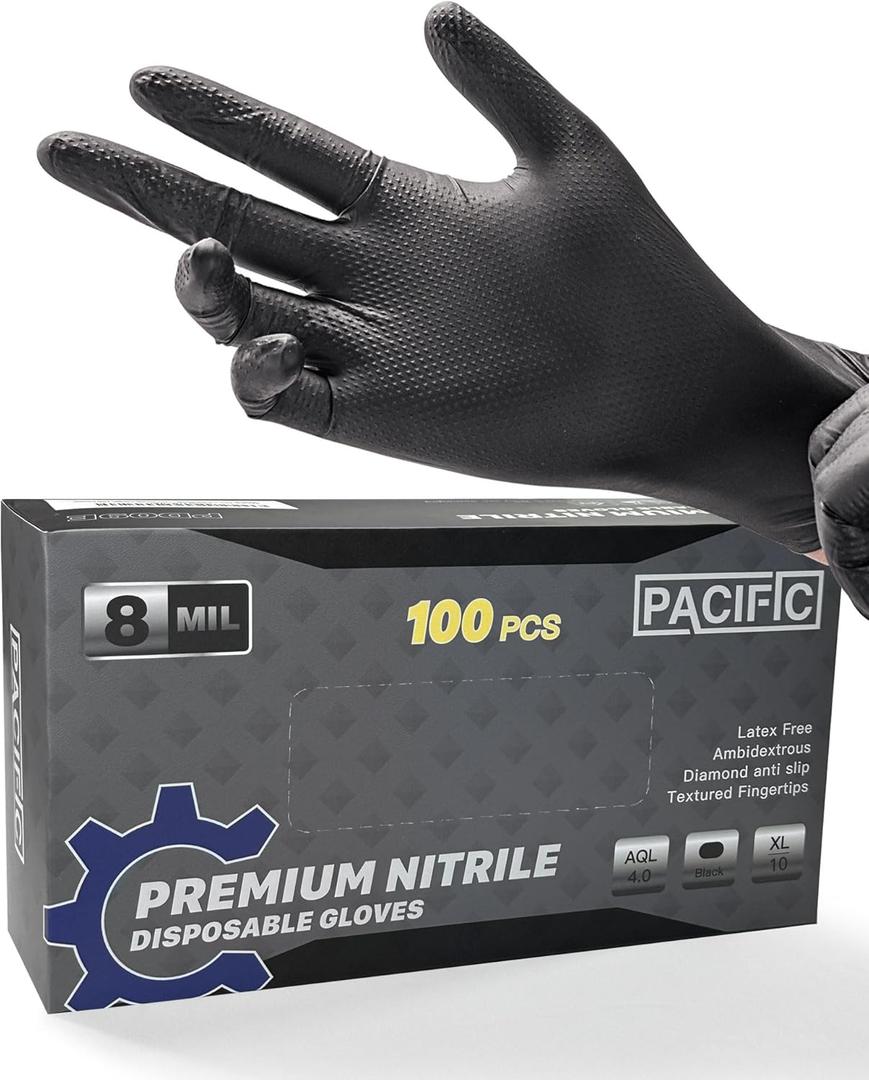 PACIFIC PPE 8 Mil Heavy Duty Black Nitrile Gloves, Chemical Resistant, Food Safe, Latex Free Disposable Gloves for Mechanic, Cooking, and Cleaning, X-Large
