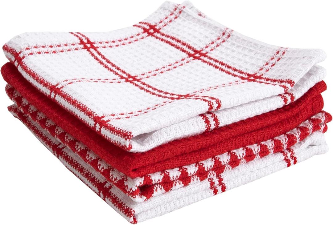 T-Fal Premium Waffle Dish Cloths: Highly Absorbent, Super Soft Long Lasting - 100% Cotton, 12"x13" Flat Waffle Dish Towel for Cleaning & Drying Dishes, (4-Pack), Red
