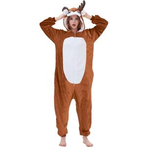Reindeer Costume Deer Onesie for Adult Women Men Halloween Pajama (Brown, XL)