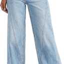 Womens Wide Leg Jeans Mid High Waisted Baggy Straight Leg Stretchy Denim Pants Seamed Long Trousers (Blue)