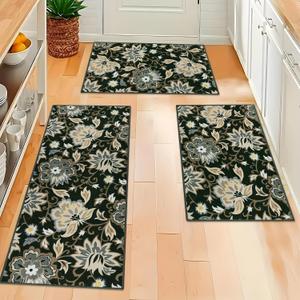 Homcomoda Boho 3 Piece Rug Set with Runner - Non Slip Floor Mats, Washable Kitchen Carpet Runner for Laundry, Hallway (20"x32"+20"x32"+20"x47", Black)