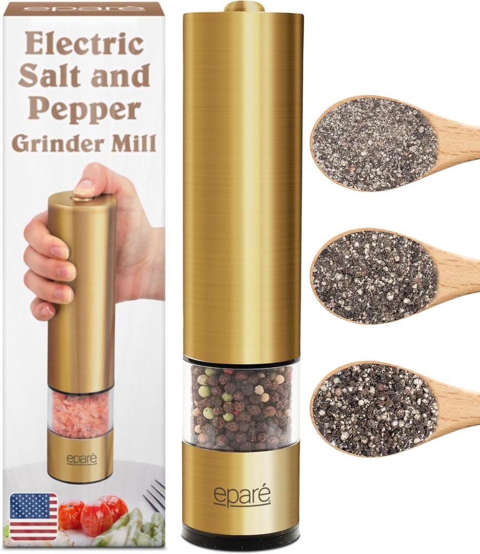 Electric Salt or Pepper Grinder - Battery Operated Ceramic Burr Peppermill Shaker - Automatic Copper Steel Grinders - Mill With LED Light by Epar