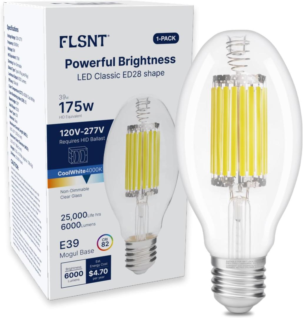 FLSNT ED28 LED Bulb 39W 6000LM, 175W HID Equivalent, 4000K Cool White, E39 Mogul Base, Ballast Compatible Type A, HID-Ready LED, 120-277V via Ballast, Clear Cover, ETL Listed, Non-Dimmable