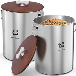 Paw Libero 2PK 25 Lbs total 50 Lbs Stainless Steel Dog Food Storage Container with Airtight Wooden Lid & Ceramic Bone Handle, Large Metal Dog Food Bin for Dogs & Cats