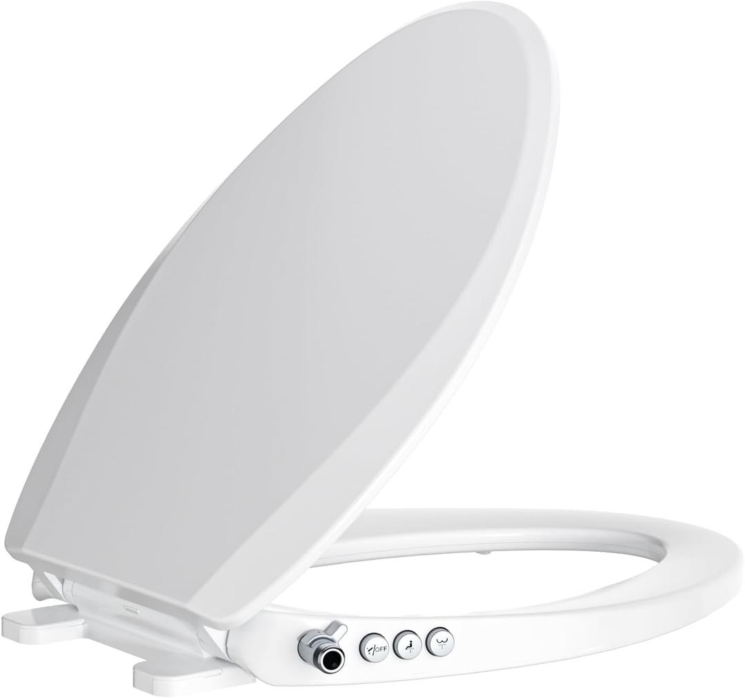 Bidet Toilet Seat, Soft Close Elongated Toilet Seat, Button control Feminine/Posterior Wash Switch, Knob Control Water Pressure,White Bidet Seat Attachment with Brass inlet