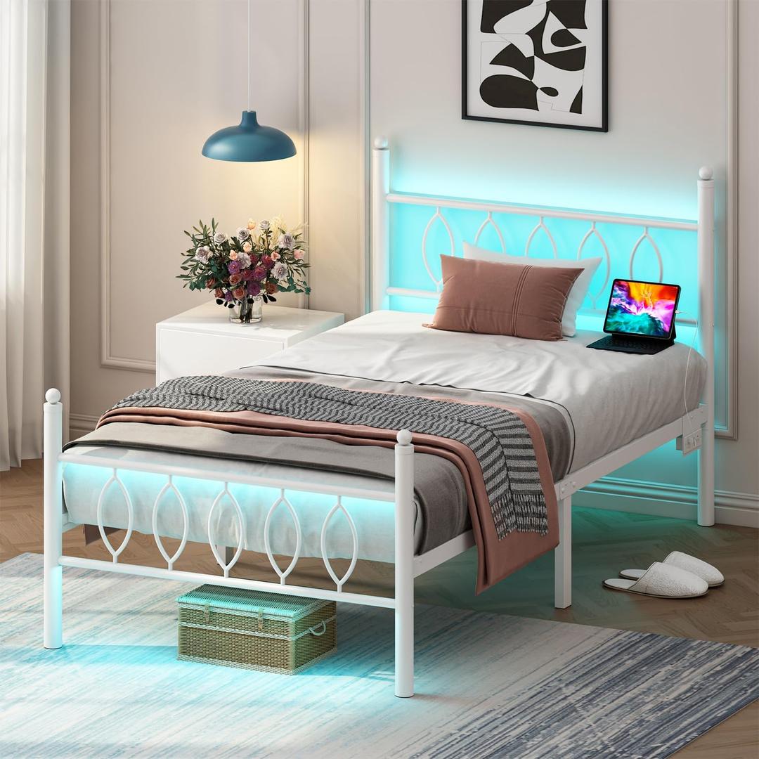 Twin Size Bed Frame with Headboard,White Metal Platform Bed Frame Twin Size with Charging Station & LED Lights,12-Inch Under Bed Storage,No Box Spring Needed,Noise Free,Easy to Assemble