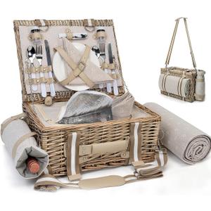 19Pcs Picnic Basket for 2 with Insulated Liner and Waterproof Picnic Blanket Pouch, Large Wicker Picnic Hamper for Camping,Outdoor,Valentine Christmas for Couples