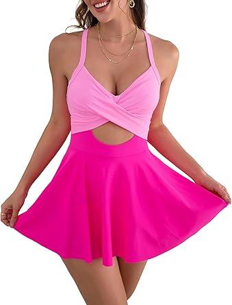 B2prity Women Cutout One Piece Skirt Swimsuit V Neck Wrap Tie Back Swimdress Tummy Control Bathing Suits Hot Pink Size M