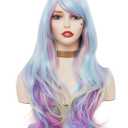 Rugelyss Rainbow Colorful Wigs for Women 26 Inches Long Wavy Fashion Synthetic Full Head Hair Wig with Bangs for Cosplay or Party