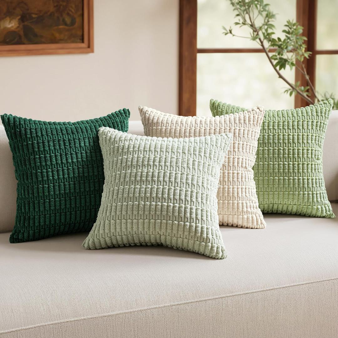 MIULEE Pack of 4 Summer Neutral Corduroy Decorative Throw Pillow Covers 18x18 Inch Farmhouse Boho Rustic Soft Striped Pillow Covers Home Decor for Sofa Living Room Couch Bed Green
