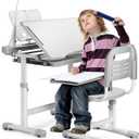 Rengue Kids Desk and Chair Set, Height Adjustable Children School Functional Study Desk with 55° Tiltable Desktop, 3 Modes & Brightness LED Light, Storage Drawer & Metal Hook for Boys Girls (Grey)