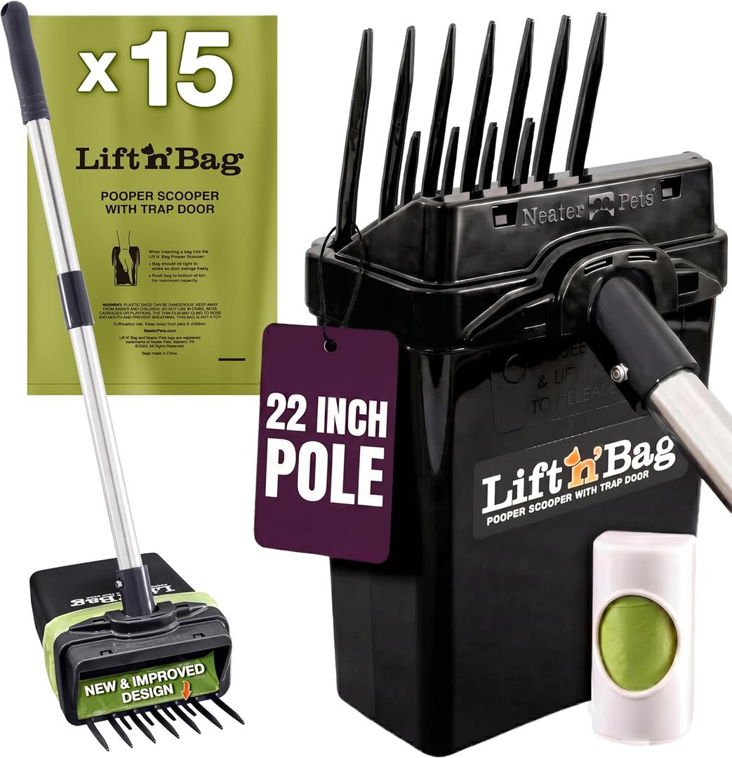 Neater Pet Brands Lift N’ Bag 2.0 Dog Pooper Scooper with Bag Attachment & 22" Pole for Small to Large Dogs, New & Improved Design, 15 Refill Bags, Heavy Duty Dog Poop Scooper for Yard, One-Hand Use