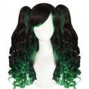 ANOGOL Hair Cap+Dark Green Lolita Wig for Women Green Mixed with Black Cosplay Wig with Ponytails Long Curly Wigs with Bangs Dark Greenish Black Ponytails Wigs Anime Outfit for Halloween Party