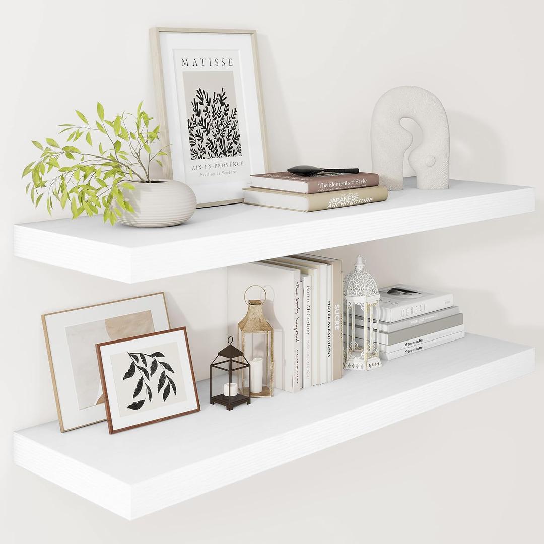Vivelove 12 Deep Floating Shelves for Wall, 24/36/48/55 Inch Shelves for Room Wall Mounted, 2" Thick Floating Shelf for Living Room Bedroom Bathroom Kitchen Laundry Room, Set of 2 White, 35.4"W x 12"D x 2"H,Set of 2