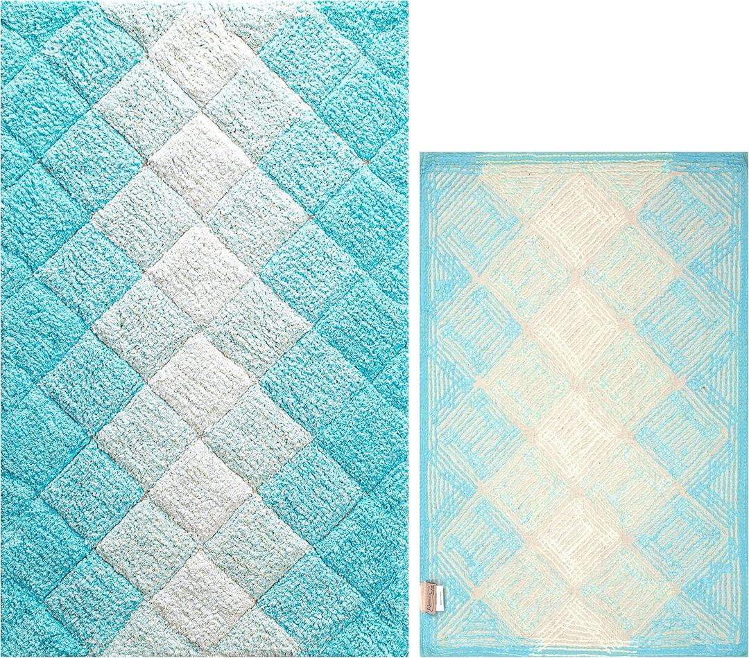 Cotton Albany Bathmat Rug Set of 2, 21x32/17x24 Inches - Aqua Turq, Anti Slip Quick Water Absorbent Wahable Bathtub Floor Mats Ideal for Bathroom, Toilet, Spa | Soft Fast Dry Luxury Bath Mat for Hotel