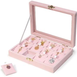 Jewelry Box Necklace Organizer Tray, Pink Velvet Necklace Display Case for Storage Small Display Tray 12 Grid Pendant Holder for Women