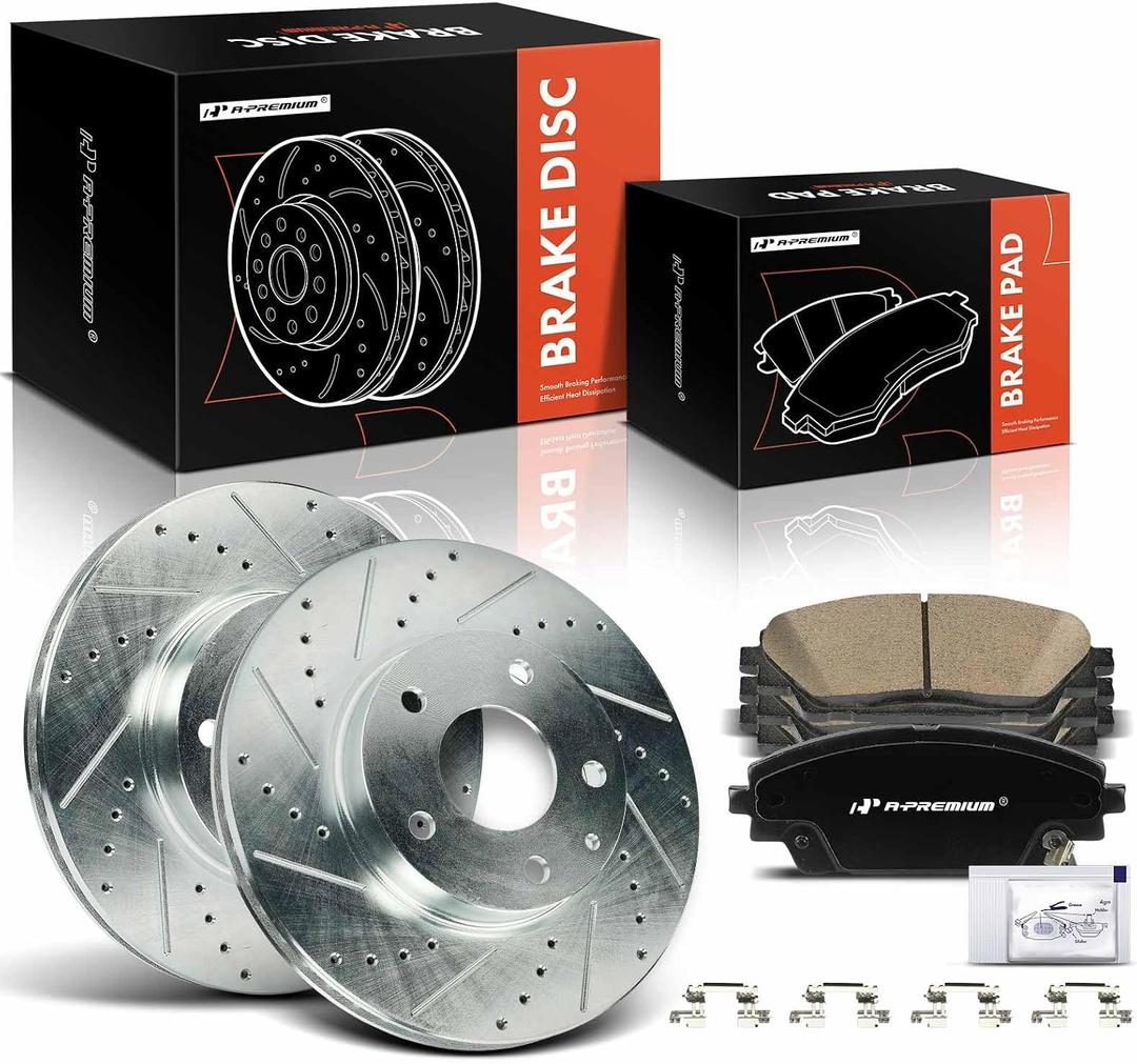 A-Premium 11.02 in (280 mm) Front Drilled and Slotted Disc Brake Rotors + Ceramic Pads Kit Compatible with Select Mazda Models - 3 2014-2018, CX-3 CX3 2016-2020, 6-PC Set