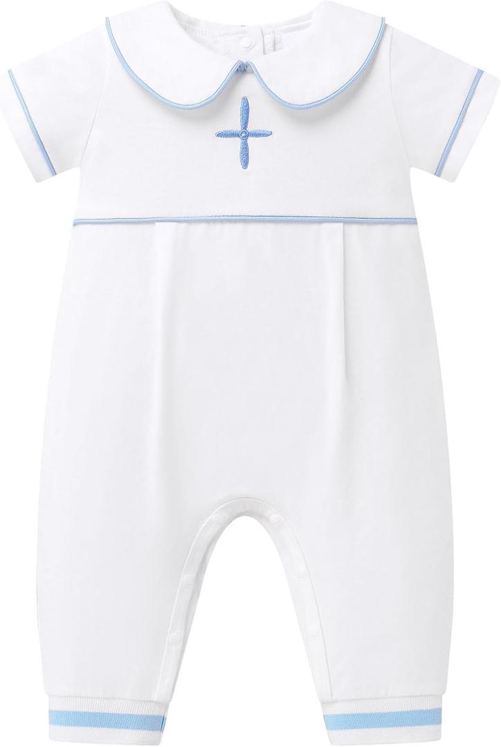 FYMNSI Newborn Baby Boys Baptism Outfits White Short Sleeve Romper Jumpsuit for Christening 1st Birthday Cake Smash Clothes (18-24 Months)