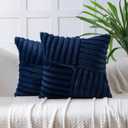 All Smiles Couch Decorative Throw Pillow Covers 18x18 Set of 2 Faux Fur Plush Soft Fluffy Velvet Cushion Case Cozy Fuzzy Striped Pillowcase Home Decor for Bed Sofa Living Room, Navy Blue