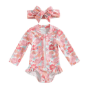 Infant Toddler Baby Girl One-Piece Swimsuit Floral/Flamingo Print Zipper Long Sleeve Ruffled Swimwear Bathing Suit