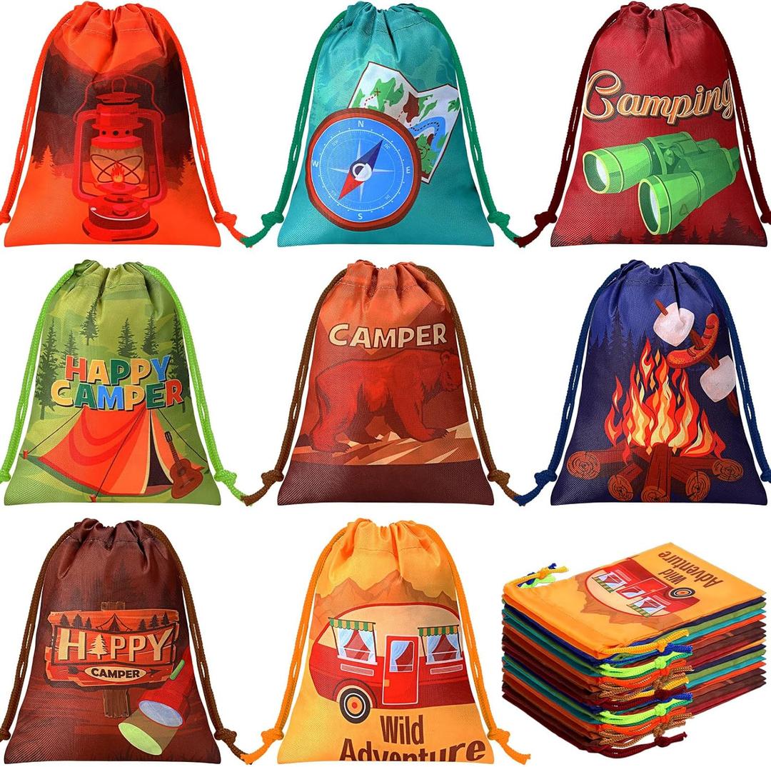 Cunno 24 Pieces Camping Party Favor Camping Adventure Drawstring Goodie Candy Gift Treat Bags for Birthday Hiking Adventure Party Supplies 7.09 x 5.12 Inches