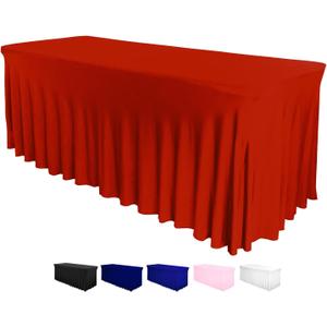 Table Skirt for Rectangular Tables 6ft - Spandex TableCovers for Standard 6 Foot Table - One Piece Fitted Elastic Tablecloth - Wrinkle Resistant Ruffles Design for Weddings, Party, Events (Red)