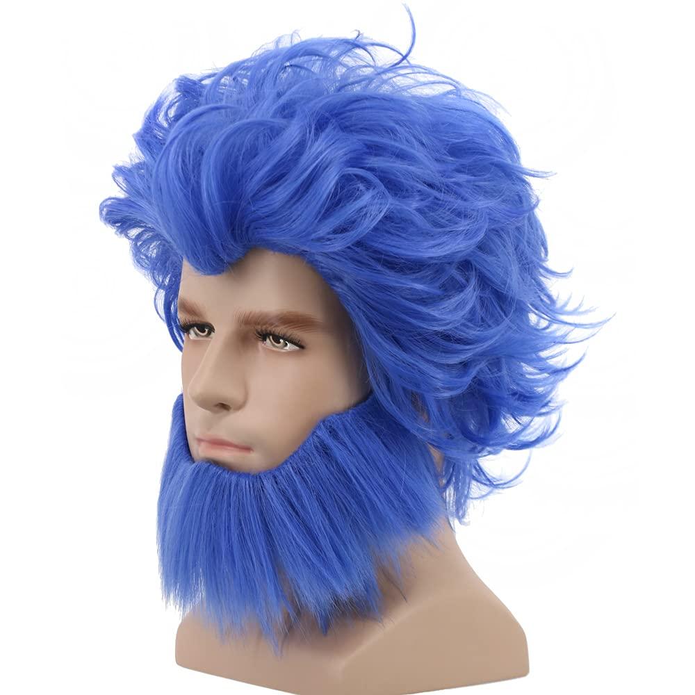 yuehong Men Short Curly Blue Wig Layered Anime Cosplay Costume with Big Beard Heat Resistant Synthetic Fibers Fluffy Durable Breathable Wig