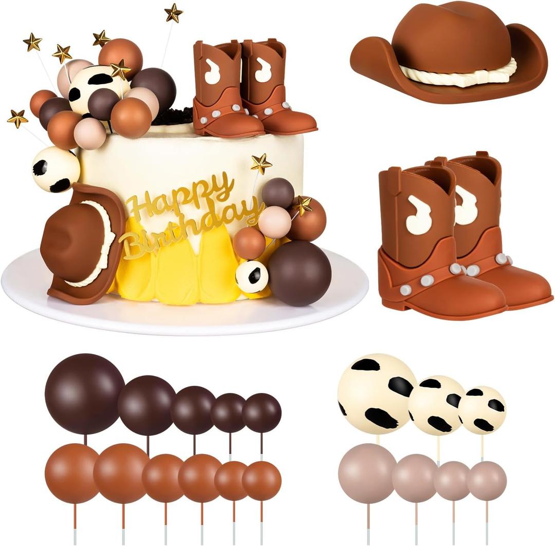 PCTCSHQ21Pcs Cowboy Cake Topper Cowboy Hat Boot Balls Cake Decorations Western Theme Birthday Baby Shower Party Decoration (Brown)