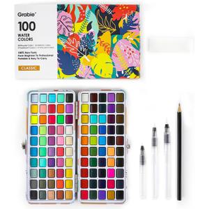 Grabie 100 Colors Watercolor Paint Set - 50 Regular, 35 Metallic, 10 Macaron and 5 Fluorescent Colors - Portable with Carrying Case, Water Brush Pens, and Accessories - For Beginners and Professionals