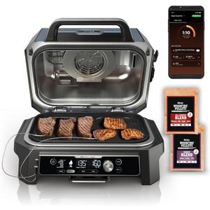 Ninja OG951 Woodfire Pro Connect Premium XL Outdoor Grill & Smoker, Bluetooth, App Enabled, 7-in-1 Master Grill, BBQ Smoker, Outdoor Air Fryer, Woodfire Technology, 2 Built-In Thermometers, Black/Blue