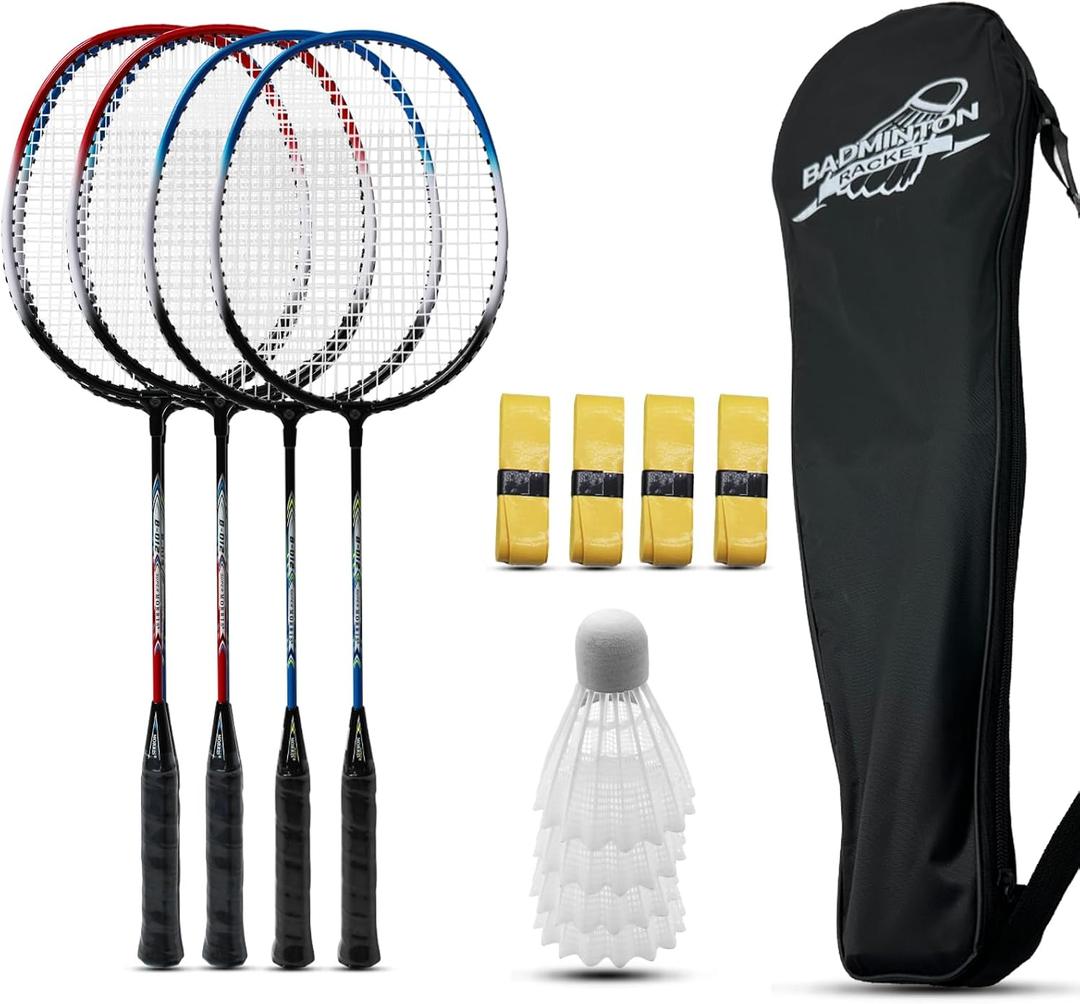 Magicorange Badminton Rackets Set of 4 for Outdoor Backyard Games, Including 4 Racquets,4 Shuttlecocks, 4 Replacement Grip Tapes & 1 Carry Bag, 26.26 inches in length and 7.76 inches in width