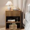 Nightstand Bedside Table Storage Drawer - Large Mid Century Modern Night Stand with Fluted Wood Storage Drawer and Open Shelf Bed Side Table for Bedroom Study Room, Walnut Brown, Set of 1, 23.6 inches x 17.7 inches x 13.8 inches