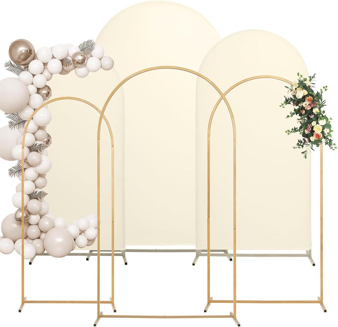 Metal Arch Backdrop Stand and Cover Set, 7.2FT, 6.6FT, 6FT Wedding Arch Frame, Easy to Assemble, Gold Arch Stand for Birthday, Party, Baby Shower, Graduation Ceremony (Beige)