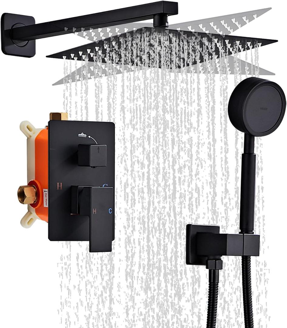 Matte Black Rainfall Shower Head, Wall Mounted 8 Inch Shower Heads with Handheld Spray Combo, Luxury Bathroom Square Rain Shower System, Solid Brass Pressure Balancd Shower Faucet Valve