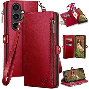 XcaseBar Compatible with Samsung Galaxy S25 Wallet case with Zipper Credit Card HolderRFID Blocking,Flip Folio Book PU Leather Phone case Shockproof Cover Women Men for Samsung S25 case Red
