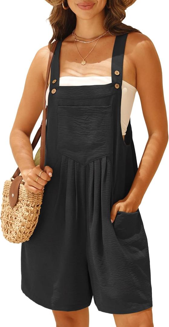 GRECERELLE Jumpsuits For Women Summer Short Overalls Casual Sleeveless Adjustable Loose Women's Rompers with Pockets 2026 (Black, L)