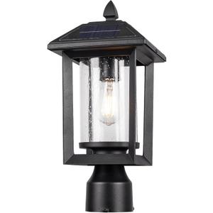 Solar Lamp Post Light, Solar Post Lights Outdoor, Waterproof Anti-Rust Black Post Lights with Seeded Glass, LED Solar Powered Lamp for Front Door, Porch, Garage, and Patio （Bulb Included） SR012-P, 14.57"-1pack-SR012